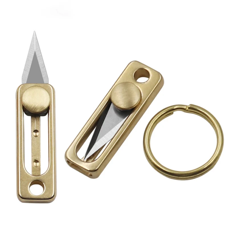 

Brass Mini Knife Sharp Demolition Express Knife Portable EDC Keychain Pendant Pocket Push-pull Open Box Knife outdoor gift tool