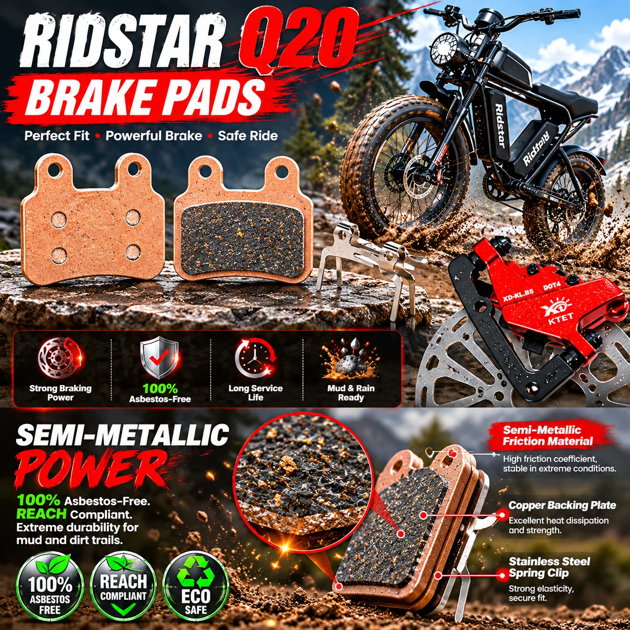 Фото Тормозные колодки Ridstar Q20 полуметаллические, 2 пары, для гидравлических суппортов KTET XD-KL.BS с 2 поршнями, Ridstar Q20 EKX X21 Freego X2 №3