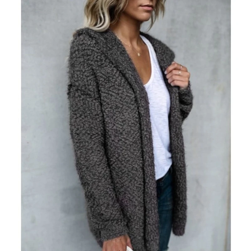 

Fashion Women Hooded Open Front Cardigan Autumn Winter Solid Chunky Long Sweater