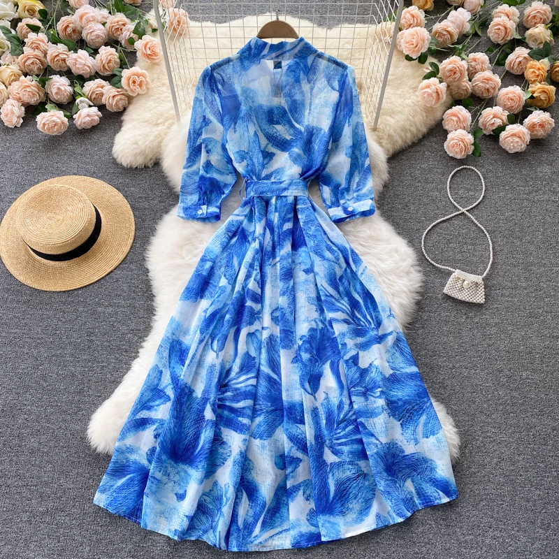 Женское платье-поло с цветочным принтом до середины икры | Женская одежда