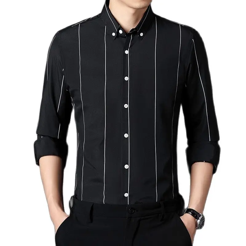 

High Quality Non-ironing Men Dress Long Sleeve Shirt 2022 New Solid Male Plus Size Regular Fit Stripe Business Shirt White Blue