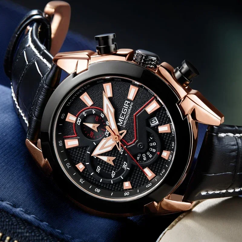 Новинка 2024 мужские модные спортивные кварцевые часы MEGIR кожаные с хронографом в