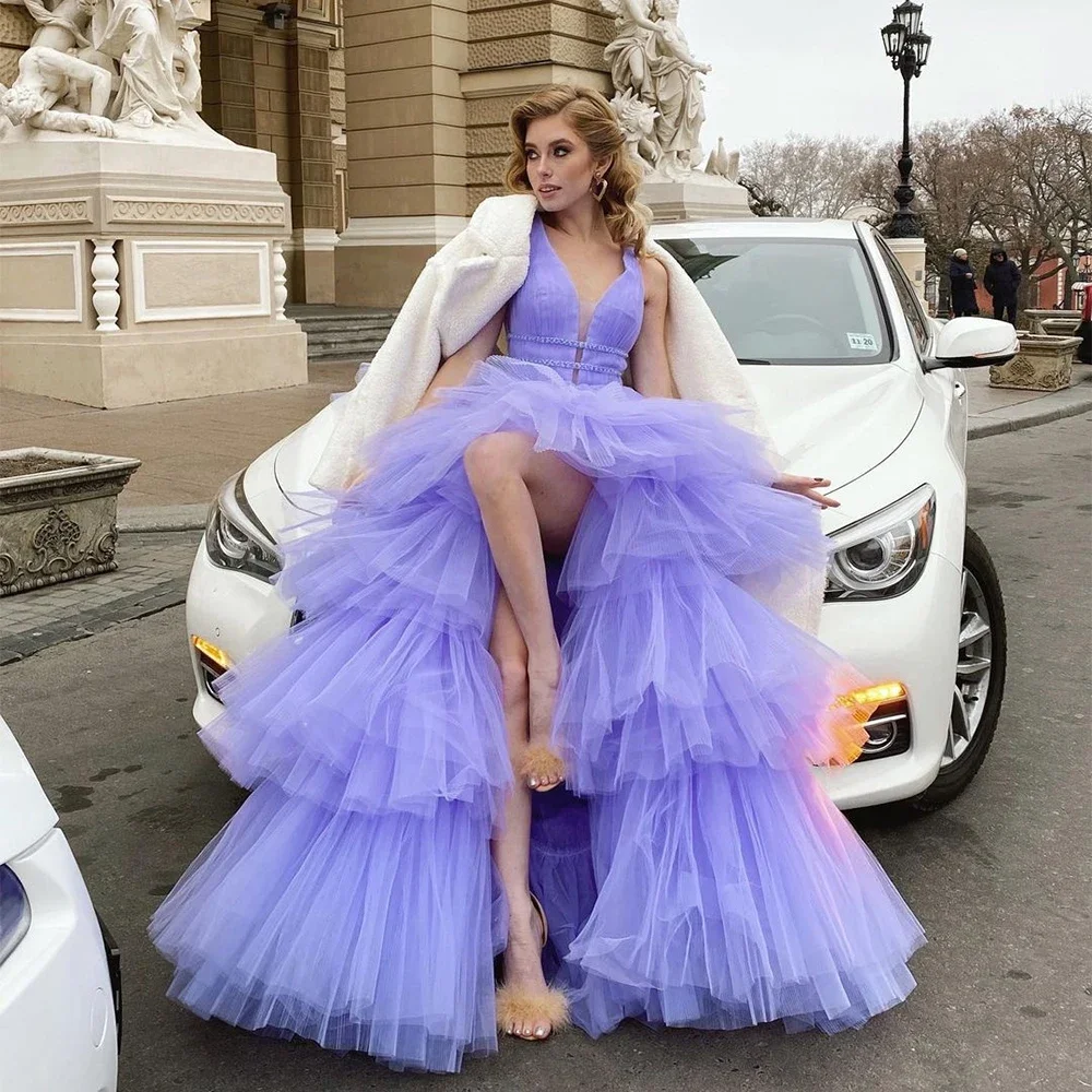 

Lavender Tiered Ruffles Tulle Evening Dresses V-Neck Sleeveless Pleat Ruched Prom Dress Wedding Party Gowns 2023
