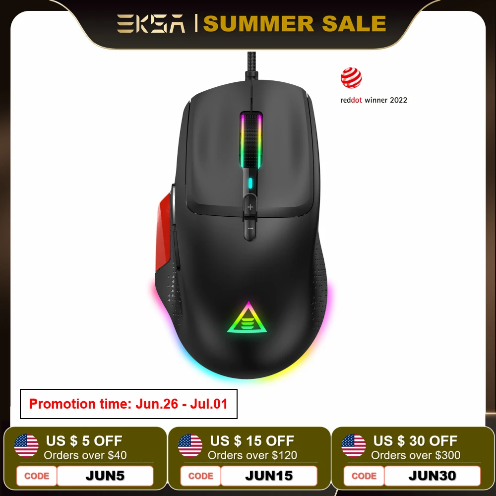 

EKSA EM600 USB PC Gaming Mouse PAW3327 12000 DPI RGB Lightweight Wired Mice for Computer Mause Gamer with 9 Programmable Buttons