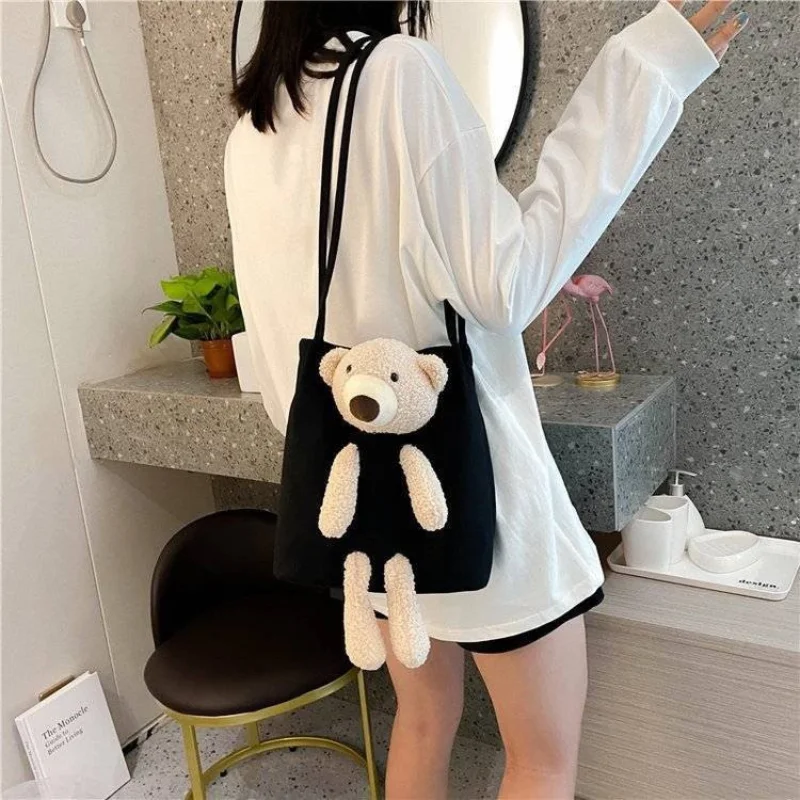 Women's Bag Fashion Bear Canvas Bag Women's Computer Portable Shoulder Bag Simple Casual Versatile Large Capacity Bucket Bag