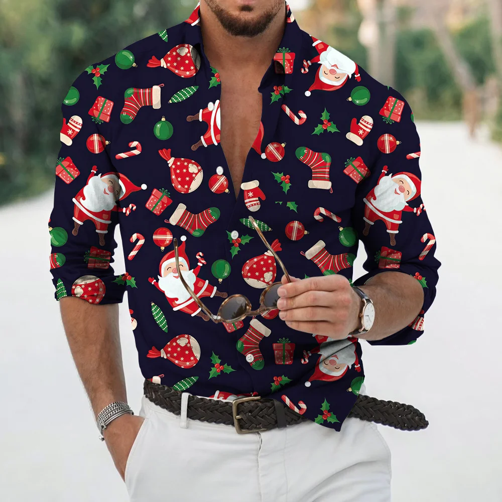 2022 New Men's Christmas Print Long Sleeve Button Shirt Fashion Casual Street Men's High quality Polo Large Top S-6XL
