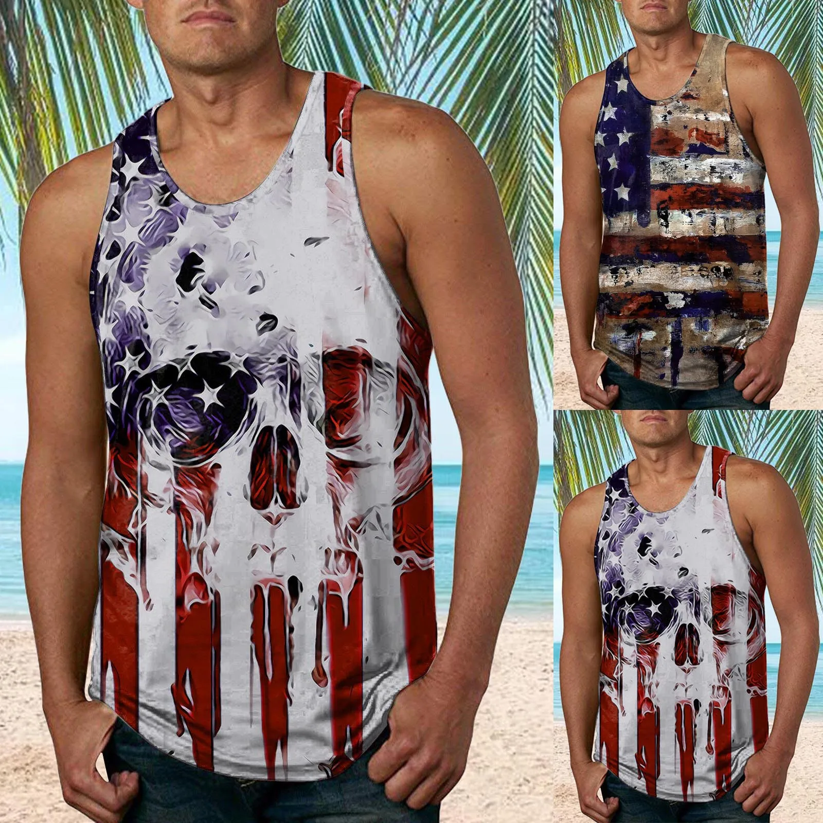 

Sleeveless Men Neck Beach Spring Tops O Tank Blouse Casual Printed Flag Summer Men's Tank Tops Size Small Mens Tops