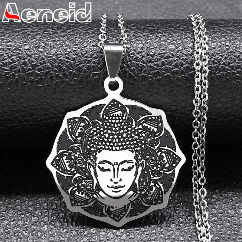 

Amitabha Buddha Lotus Pendant Necklace Chain for Women Flower of Life Stainless Steel Buddhist Necklace Jewelry Gifts N7530S04