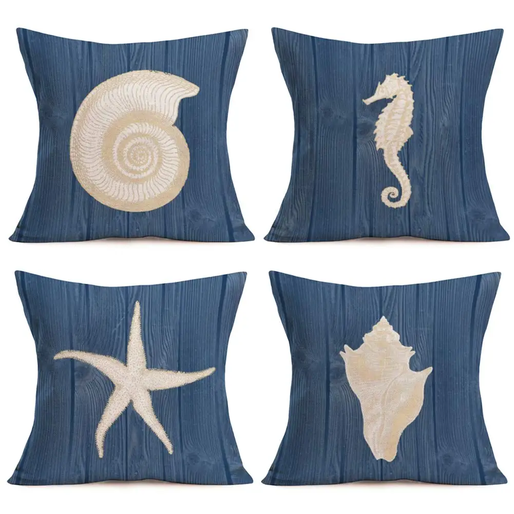 

Conch Seahorse Starfish Blue Wood Grain Collection Print Pattern Decorative Home Pillowcase Square Office Decor Cushion Cover