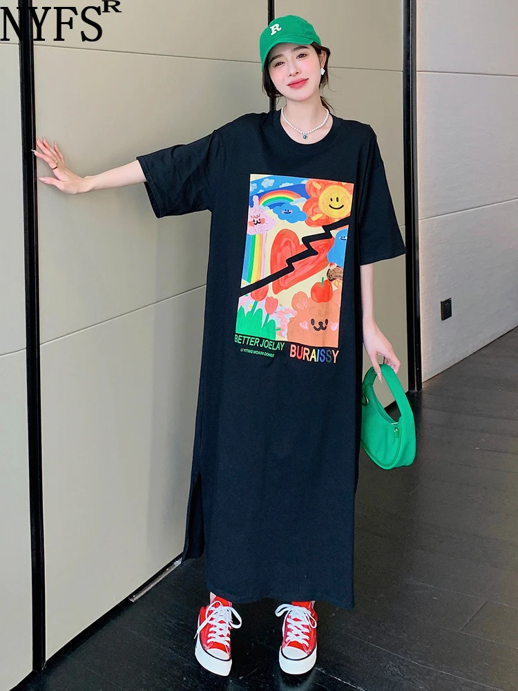 

2023 Summer New Korea Woman Dress Vestidos Robe Elbise Loose Plus Size Short Sleeve Cartoon Print Long Dresses