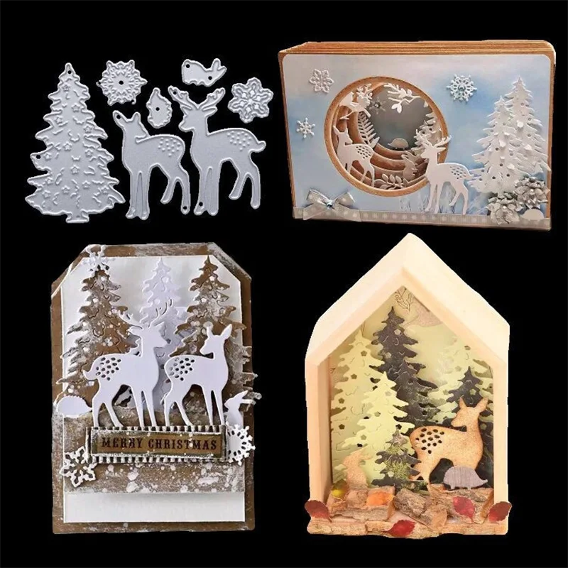 Winter Forest Christmas Tree Cutting Die Elk Snowflake Metal Embossing Stencils Template Mould for Card Scrapbooking Paper Decor