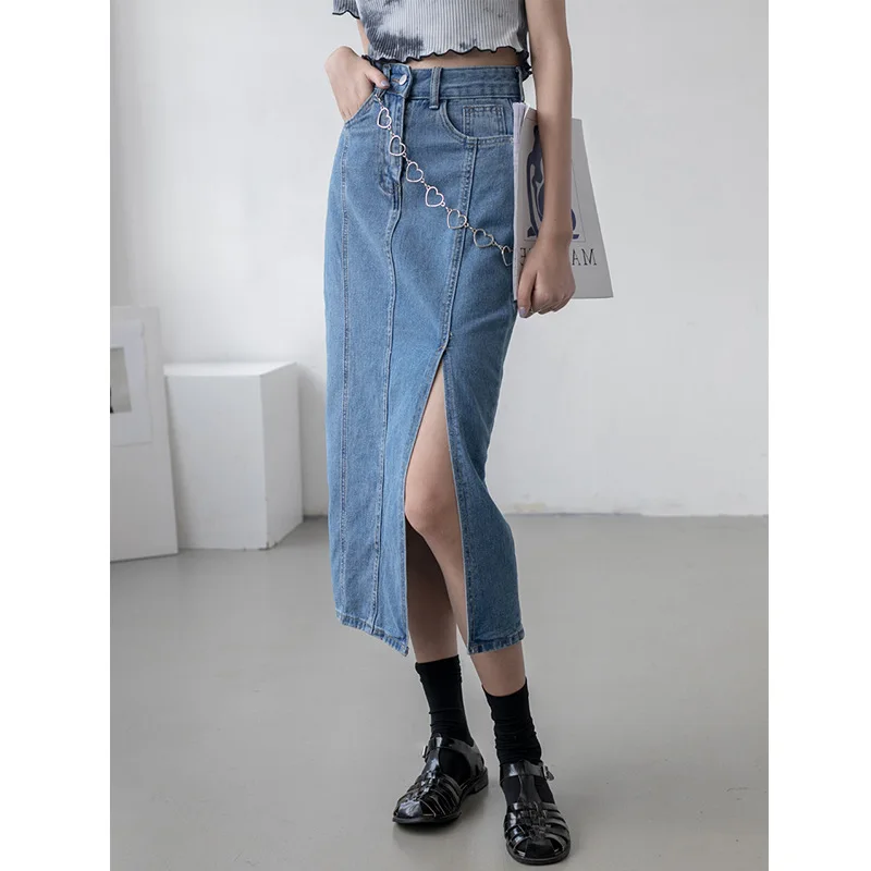 

2021 Summer Women Vintage Side Slit Blue Denim Skirt Woman Mid-length High Waist Slim Body Long Skirt Female Solid Color Skirt