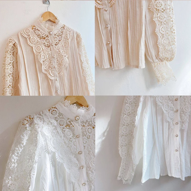Vintage Lace Blouse Shirts Women Korean Button Loose Shirtp Tops Female Flower Petal Sleeve Stand Collar Hollow Out Lace Blouses images - 6