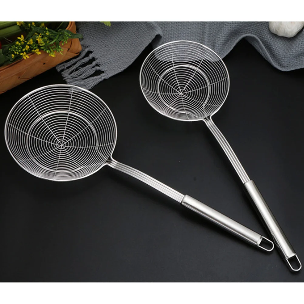 

Kitchen Stainless Steel Spider Strainer Wire Skimmer Round Fry Basket with Handle Fried Table Serving Chip Baskets Fryer