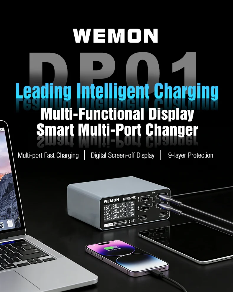 Фото Многопортовое зарядное устройство WEMON DP01 DP02 DP03 с портами QC, PD, PPS, USB и беспроводной зарядкой, 76 Вт, 65 Вт, 85 Вт для iPad и мобильных телефонов №3