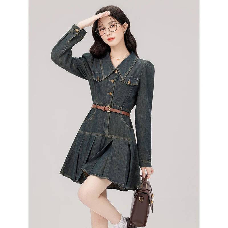 Корейская серия ретро-преппи джинсовое платье женская осенняя новая маленькая