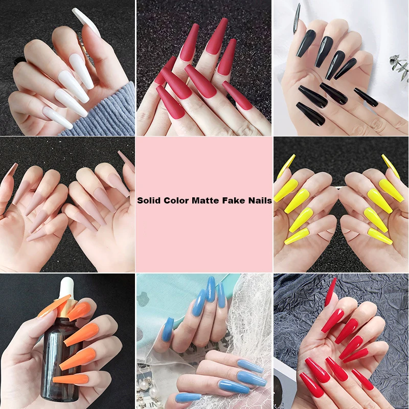 

24Pcs Long Coffin False Nails Red Wine colour Artificial Ballerina Fake Nails With Jelly Glue Full Cover Nail Tips Press