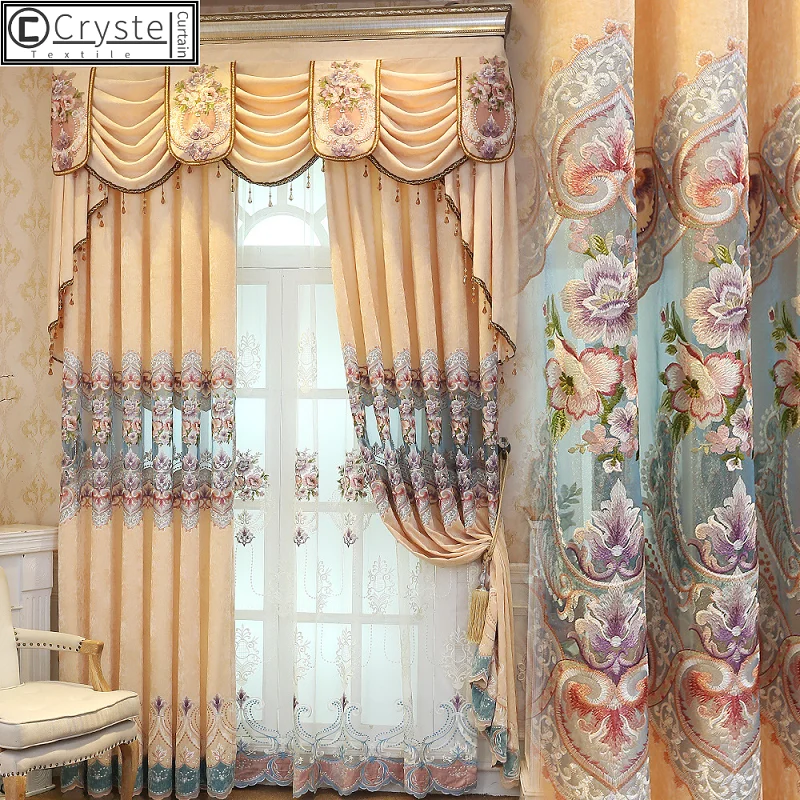 

Curtains for Living Dining Room Bedroom Chenille New European Style Embroidered Curtains Finished Product Customization Valance