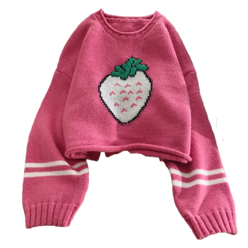 

2021 Winter Strawberry Harajuku Sweater Jacquard Knitted Jumpers Women Cropped Sweaters Long Sleeve O-neck Sweet Crop Pullover