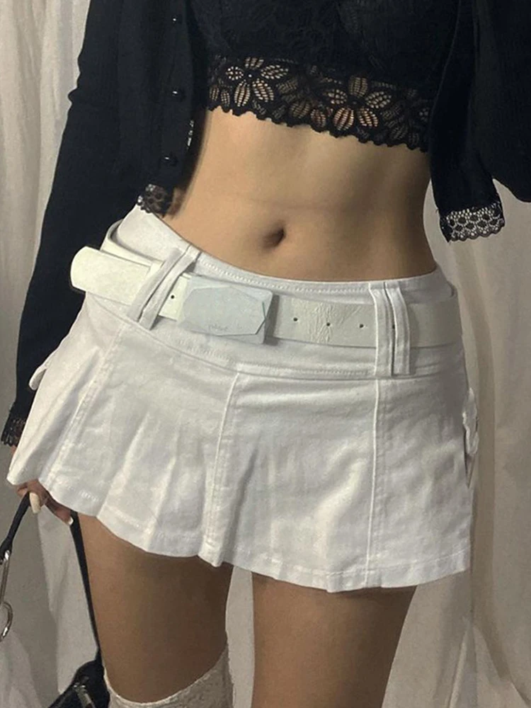 

Women Y2K Skirts Aesthetics Basic Belted Low Waist Micro Pockets 2022 Denim Skirt Cute Bottoms Summer Fashion 90s Culb