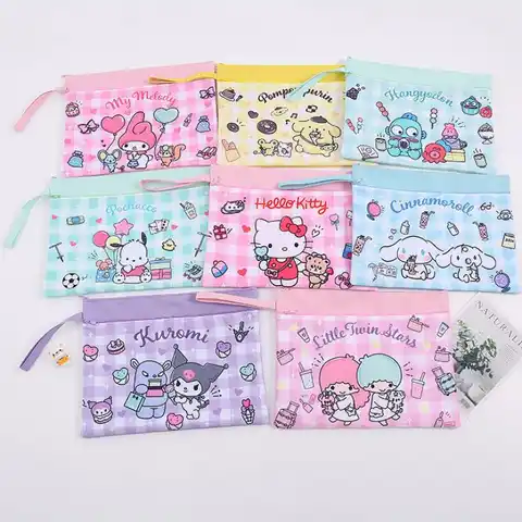 Kawaii Sanriod аниме My Melody Kitty Cinnamoroll Kuromi, холщовая Портативная сумка для переноски, женская сумка с информацией о сердце, клетчатая сумка для хране...