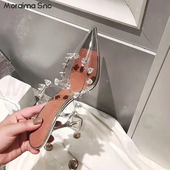 Women's Summer Rhinester Baotou Slippers New Transparent Pointed Wine Glass Heel Back Empty High Heel Sandals Sexy Slippers