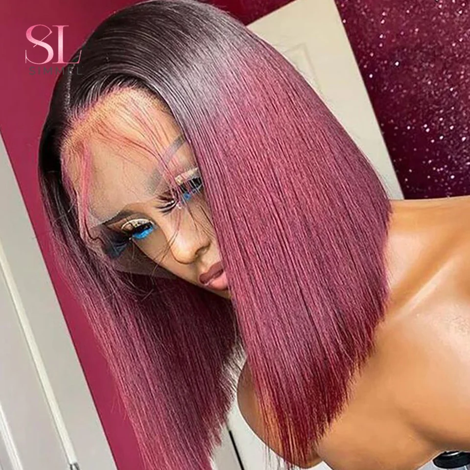 

Ombre Burgundy Straight Short Bob Wig Side Part Lace Front Human Hair Wigs For Black Women Cheap Colored Brazilian Hair Wigs