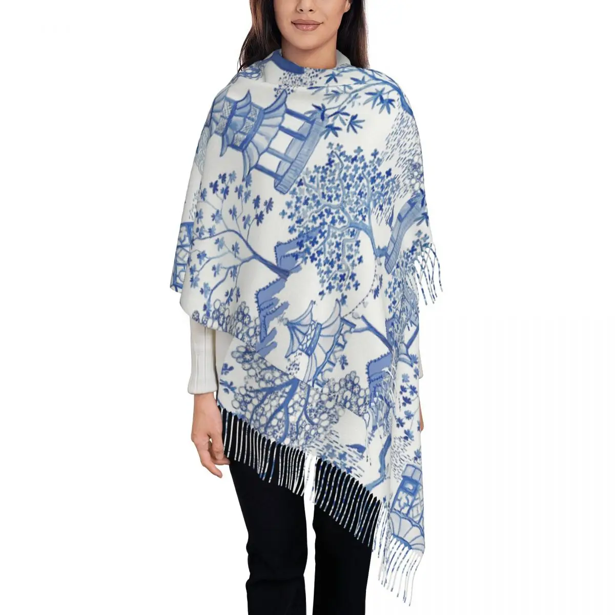 

Pagoda Forest Shawls Wraps Womens Warm Long Soft Scarf Blue Delft Neckerchief Tassel Scarves