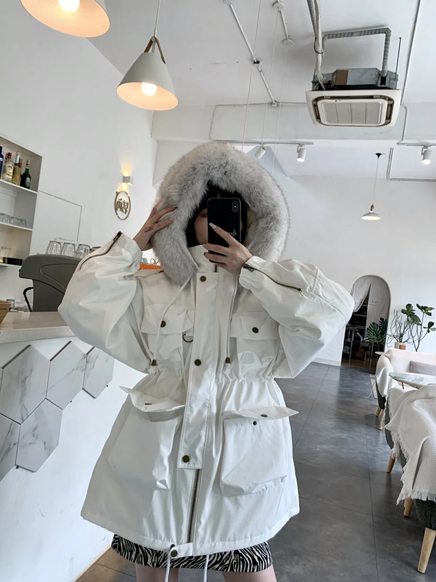 New Women Raccoon Fur Collar Down Jacket Casual Style Autumn Winter Coats And Parkas Female Outwear