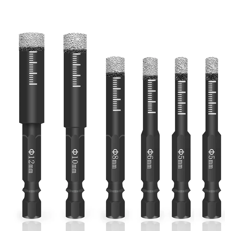 

6Pc Black Dry Diamond Drill Bits Set For Granite Ceramic Marble Tile Stone Glass Hard Materials 5/6/8/10/12Mm