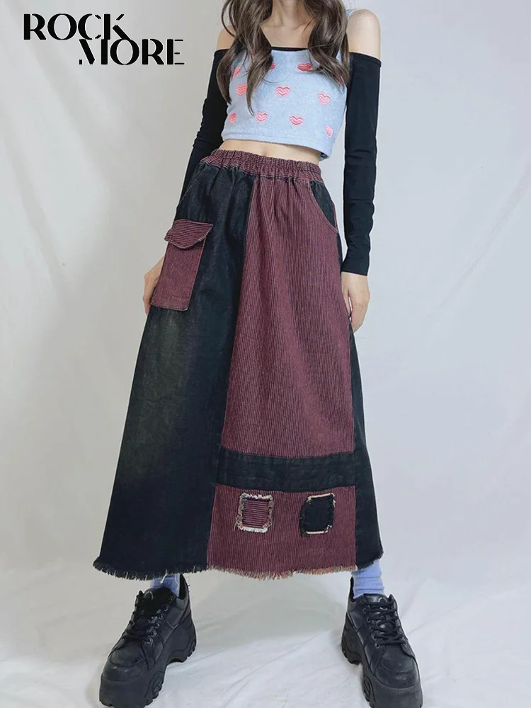 

Rockmore Vintage Jean Skirts Y2K Contrast Patchwork Maxi Skirt Women Fashion Aesthetic Summer Ankle-Length Skirt Fairy Grunge