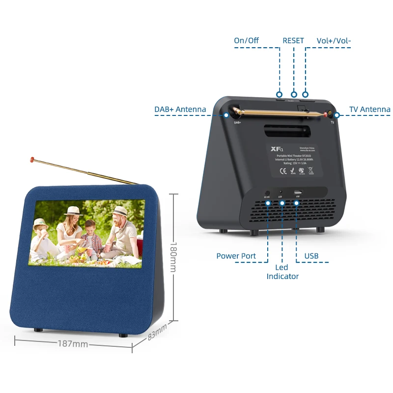 

50 любимых предустановленных станций DAB +/FM радио, портативный телевизор, работающий от батареи, TV Mini TV