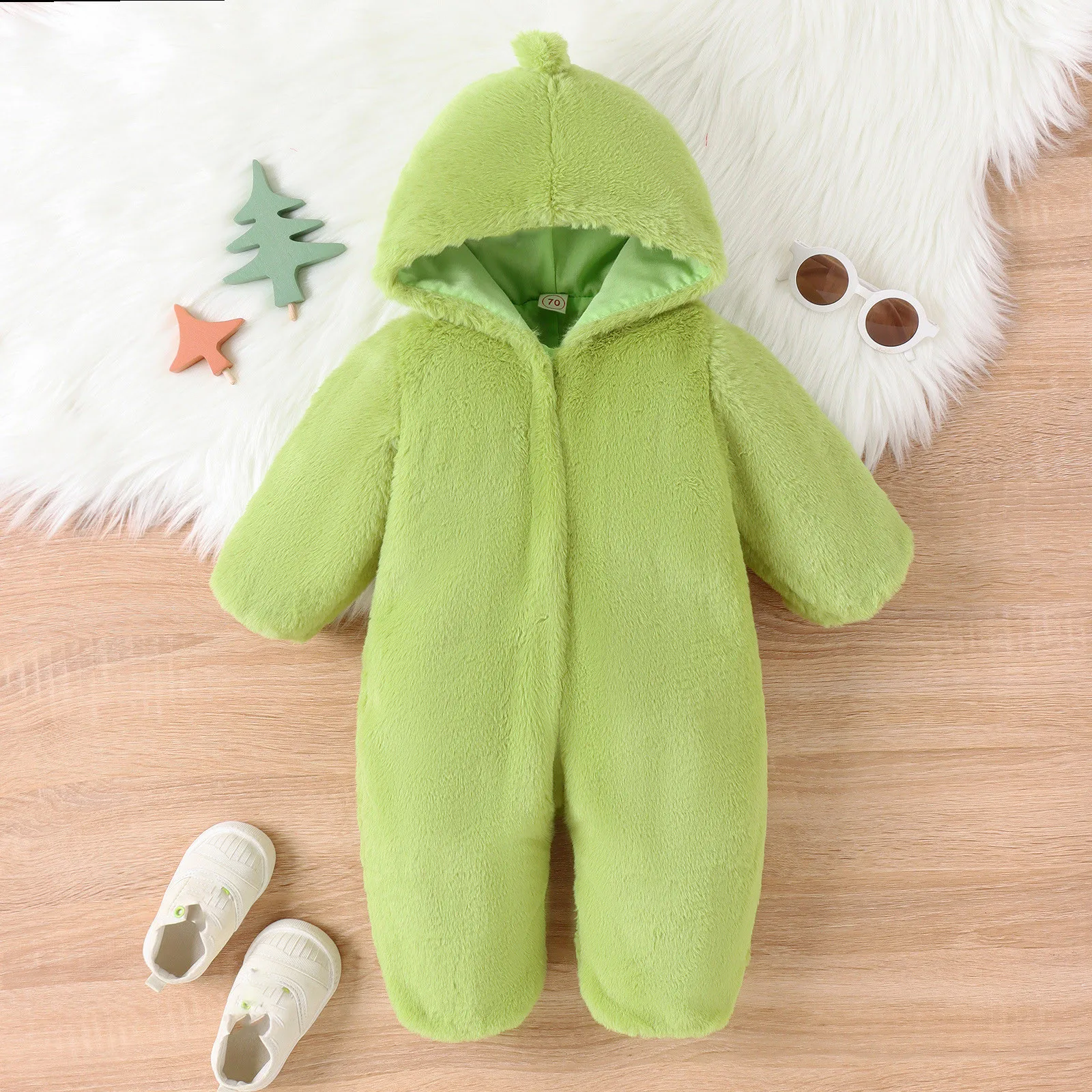 

0-24M Baby Girls Boys Winter Fuzzy Plush Jumpsuit Bear Ear Long Sleeve Snowsuit Hooded Romper Bodysuit Warm Footed Zipper Coat