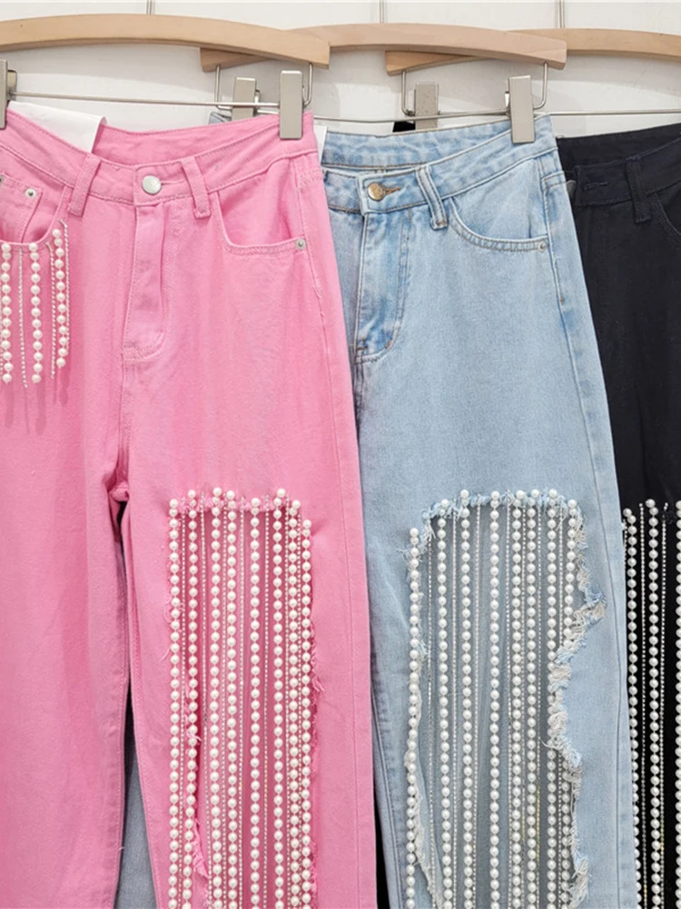 Женские прямые джинсы с цепочкой DEAT винтажные брюки из денима перламутровыми