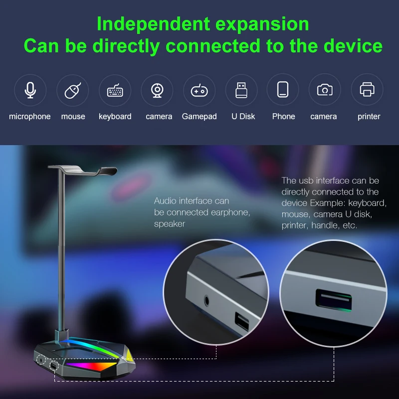Подставка для наушников с RGB-подсветкой 2 USB-порта |