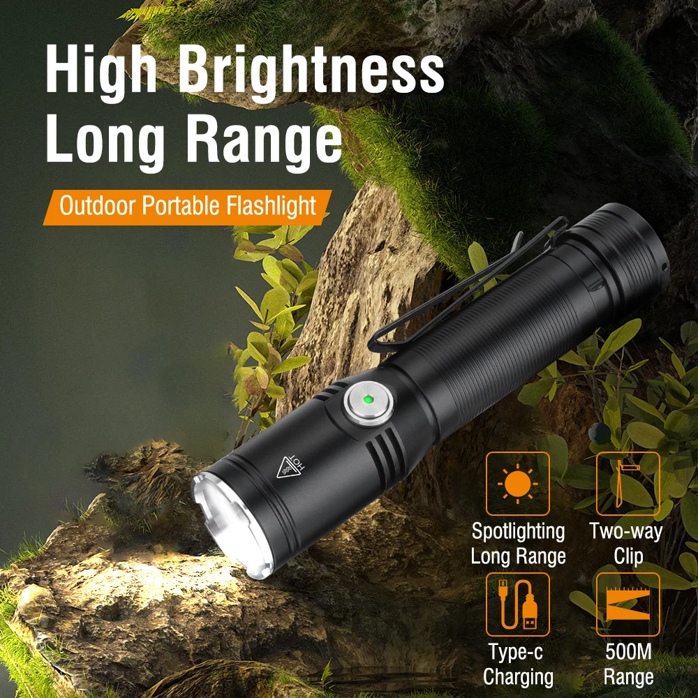 Фонарик BORUiT с высокой мощностью фонарик дальним радиусом действия 18650 Type -C