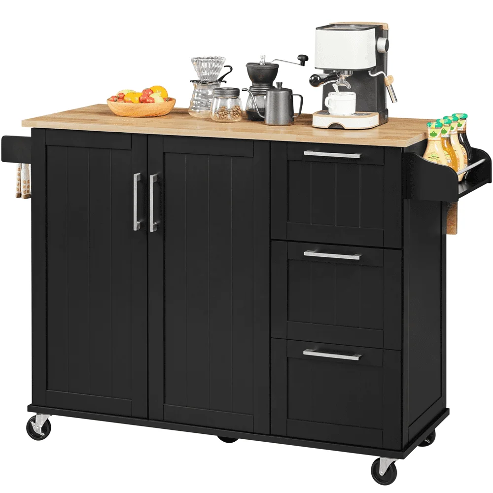 

SmileMart Kitchen Cart with Wood Top and Storage Cabinet, Black