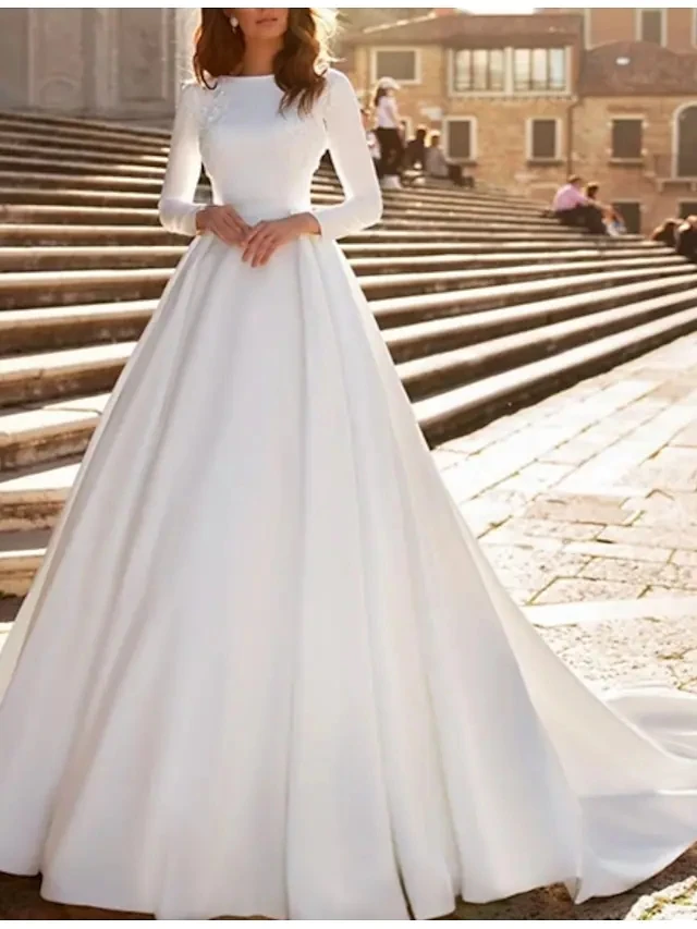 

A-Line Wedding Dresses Jewel Neck Watteau Train Satin Long Sleeve Formal Vintage with Beading Appliques