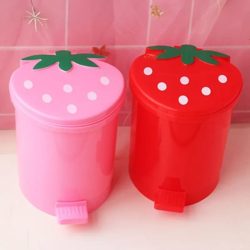

NEW2023 Pink Red Strawberry Waste Bin Desktop Portable Plastic Garbage Basket Home Bedroom Storage Bucket Trash Can With Lid