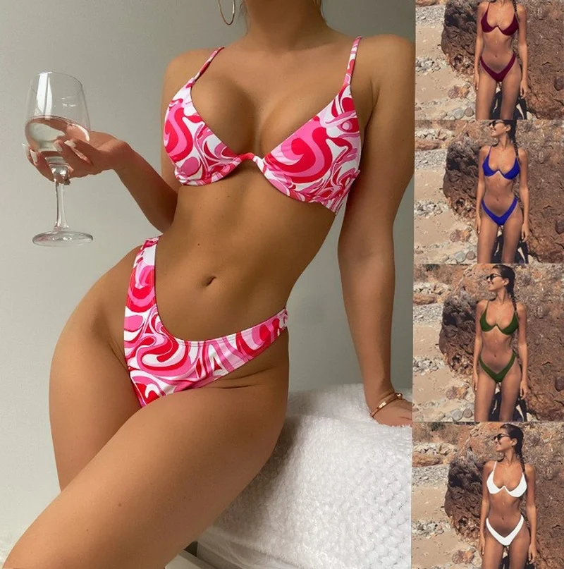 

Sexy Push Up Bikinis Leaf Print Women's Swimsuits Twisted Swimwear Women 2022 Halter Bathing Suit Underwired Biquini Set 4.8