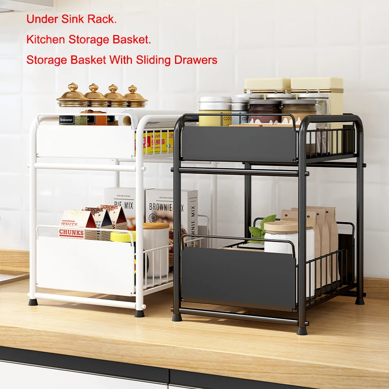 

Storage Basket with Push Pull Drawer Organizer Under Sink Rack 2-Tier Sliding Drawer Sliding Basket for Kitchen and Bathroom