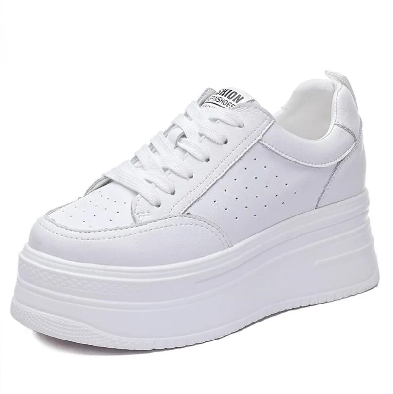 

KAYOULAI 8cm Genuine Leather Women Casual Shoes Chunky Sneakers Platform Wedge Hidden Heel Women Leisure Shoes Autumn White