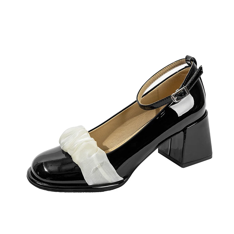 

Женские туфли на каблуке, весенние туфли-лодочки с плиссированным ремешком на щиколотке 6 см, черные, белые, 2022