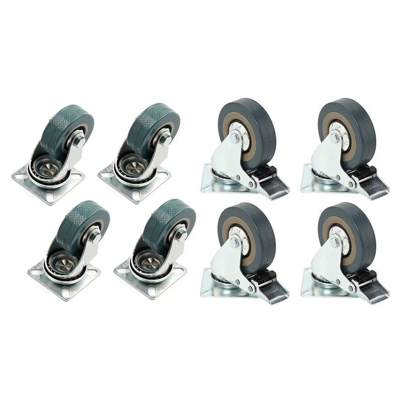 8 Pcs Heavy Duty 50X17mm Rubber Swivel Castor Wheels Trolley Furniture Caster Brake, 4 Pcs Without Brake & 4 Pcs With Brake