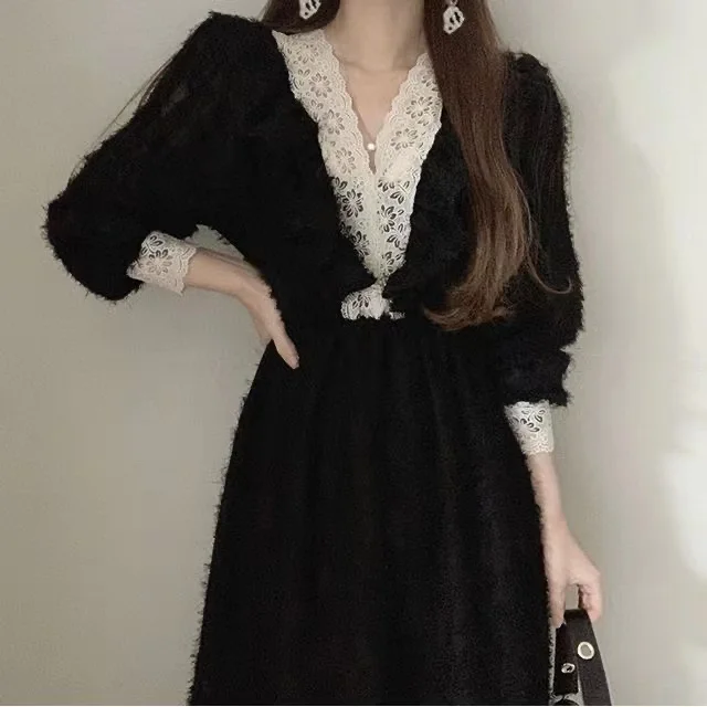 

Maxi Dresses for Women V-neck Puff Sleeve A-line Temperament Robe Femme Fashion Lace Vintage Dress 2023 Vestidos De Mujer