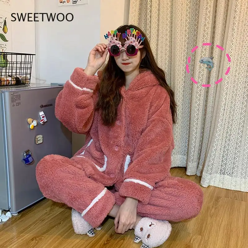 Autumn Winter Women Cute Pajamas Sets Cartoon Shark Hooded Sleepwear Coral Fleece Lady Home Clothes Female Sweet Warm Pyjamas