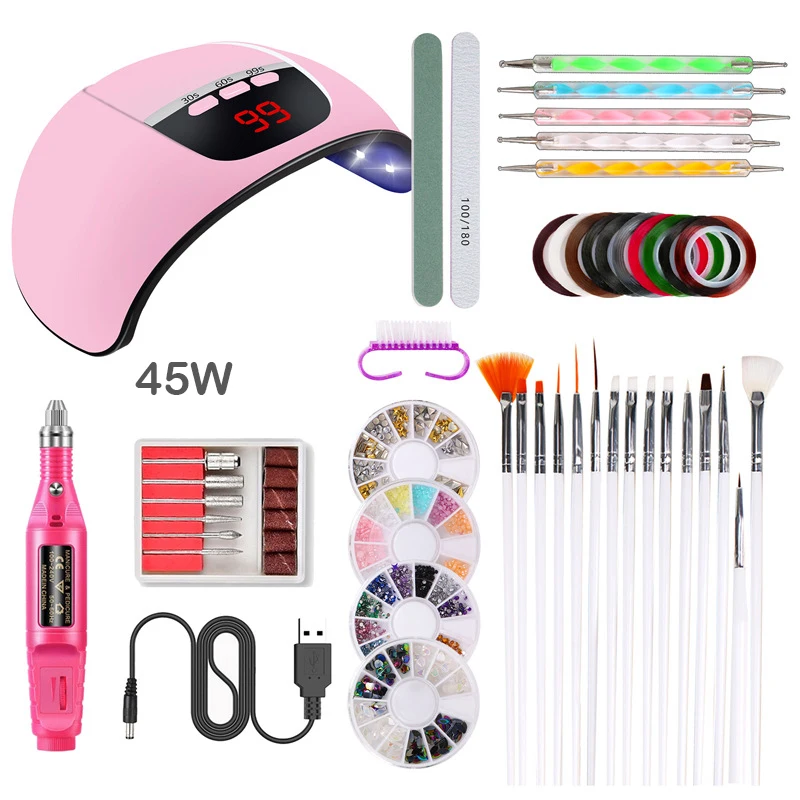 

Manicure Kit 45W UV Lamp Dryer Drill Polishing Machine Nail File Acrylic Brush Pen Nail Beauty Decoration Set Tool for Manicure