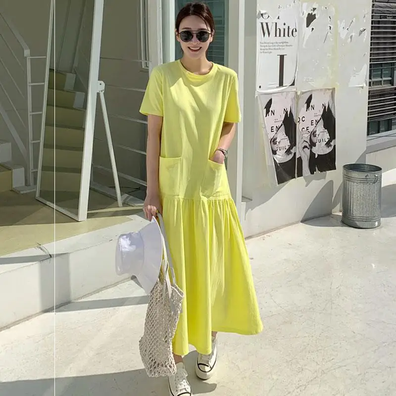 

2022 Summer New Solid O Neck T-shirt Loose Slim Ruffled Short Sleeve A-LINE Casual Woman Dress