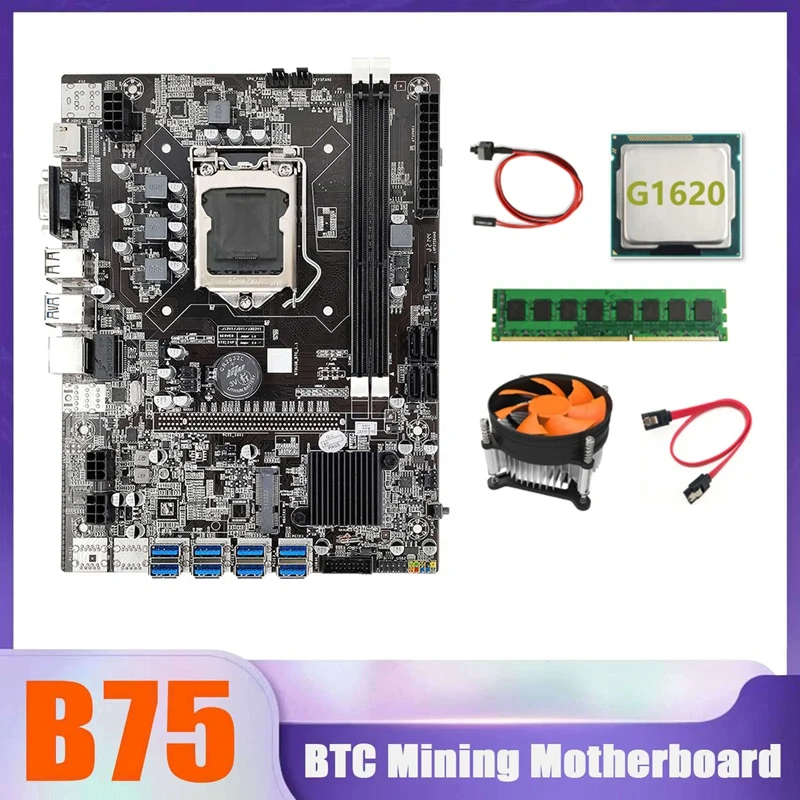Материнская плата B75 BTC Miner 8xusb + G1620 CPU + DDR3 4G 1333 МГц ОЗУ + вентилятор охлаждения процессора + кабель переключателя + кабель SATA