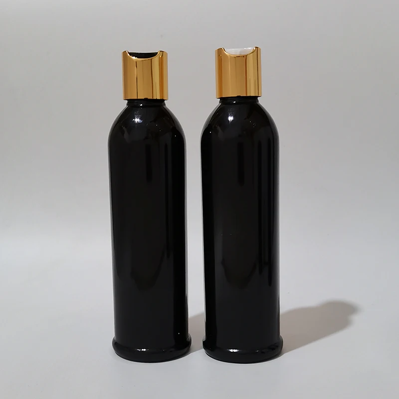 

30pcs 250ml Empty Black Plastic Shampoo Bottle With Gold Silver Disc Top Cap 250cc PET Essential oil Cosmetic Packing Bottles